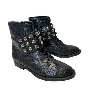 Schutz Marieta Croc Leather Studded Moto Boots